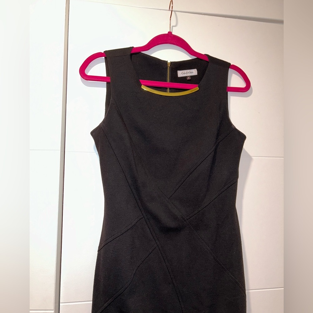 CALVIN KLEIN Black Ponte Dress with Gold Neck Hardware (size 4)